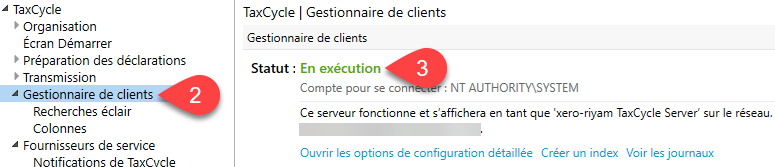 Capture d’écr : Statut du Gestionnaire de clients