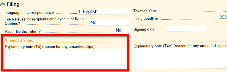 Screen Capture: Explanatory note (T4) (reason for any amended slips)