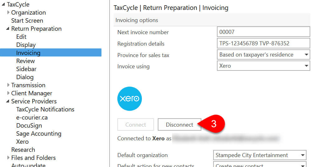 Screen capture: Disconnect from Xero button