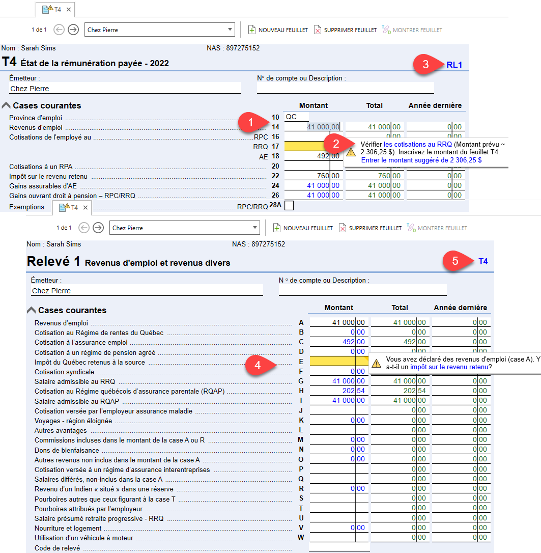 Capture d'écran : Feuillets T4 et Relevé 1 dans TaxCycle