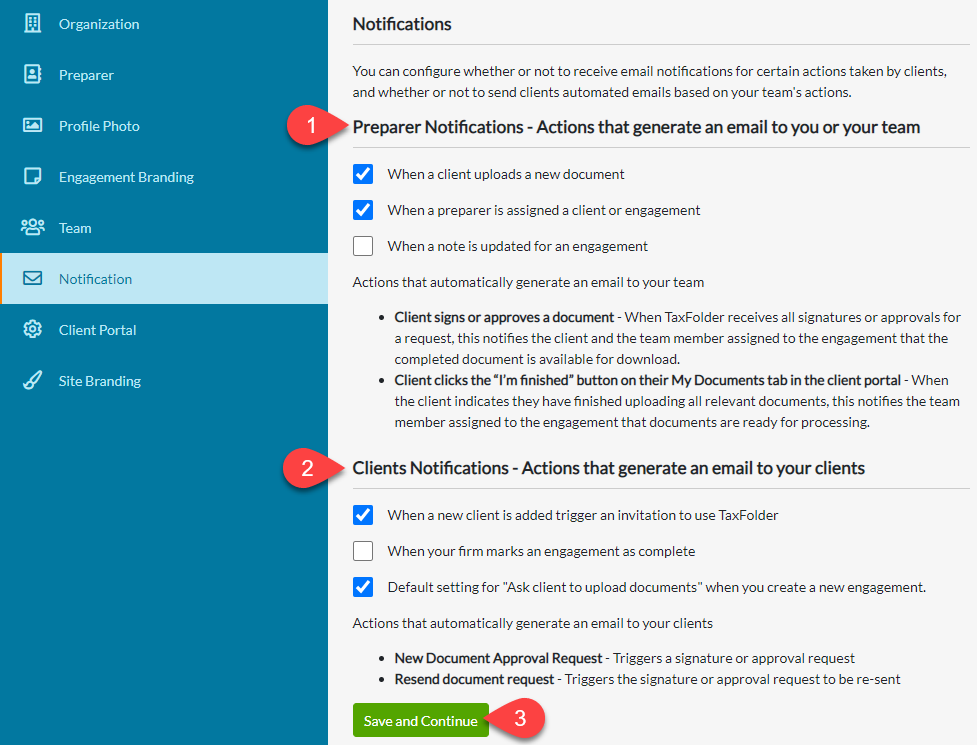 Screen Capture: TaxFolder Notification Settings