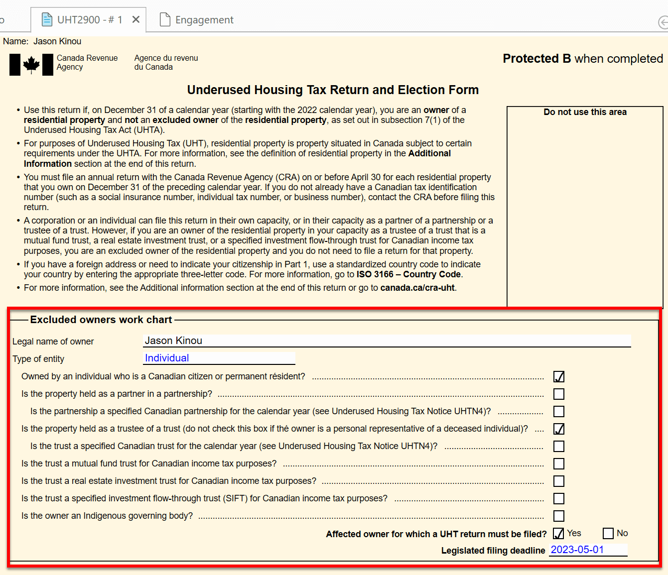 Screen Capture: UHT2900 Excluded Owners Work Chart