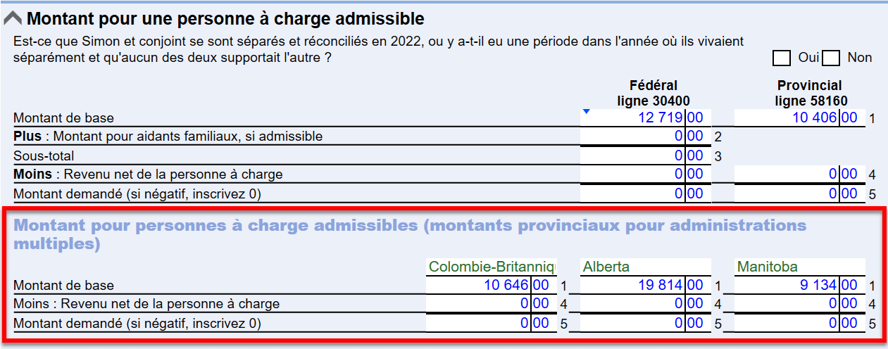 Capture d'écran : Montant pour personnes à charge admissibles (Montants provinciaux pour plusieurs administrations)