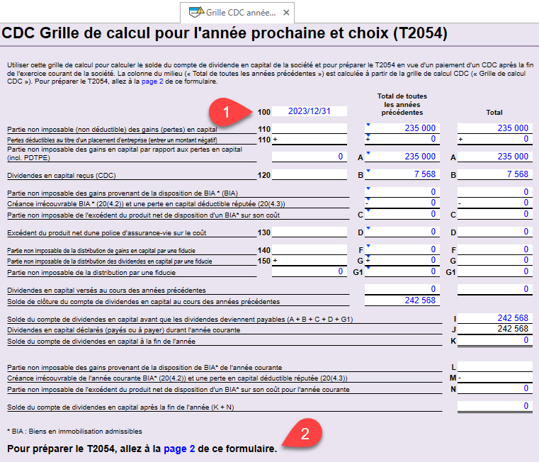 Capture d'écran : Grille de calcul CDC pour l'année prochaine et T2054