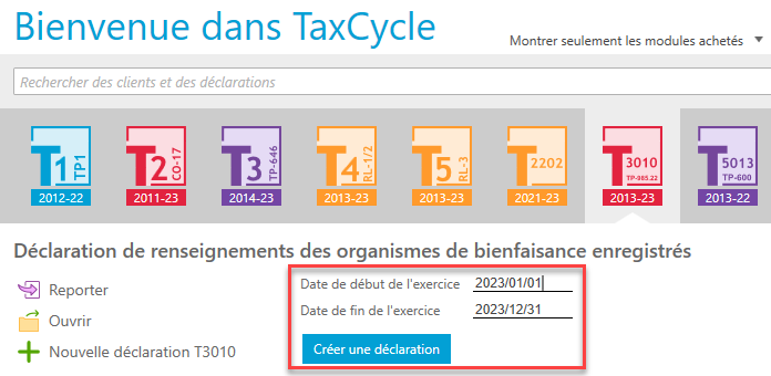 Capture d'écran : Créer une nouvelle déclaration T3010