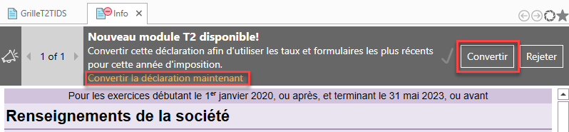 Capture d'écran : Convertir au nouveau module T2