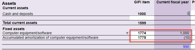 Screen Capture: S100 Fixed assets