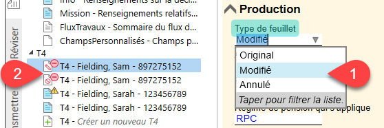 Capture d'écran : Champ Type de feuillet et icône modifié