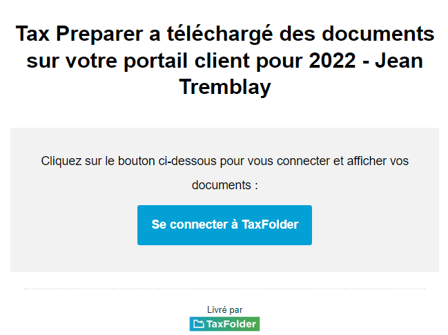 Capture d'écran : Notification par courriel de TaxFolder au client pour consulter les documents