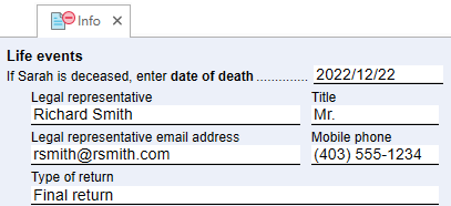 Screen Capture: Life events section on the Info worksheet