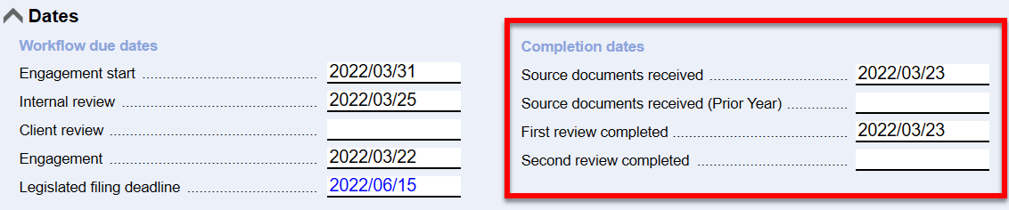 Screen Capture: Engagement Worksheet Completion Dates