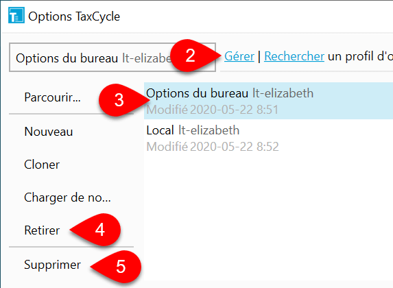 Capture d’écran : Retirer un profil d'options