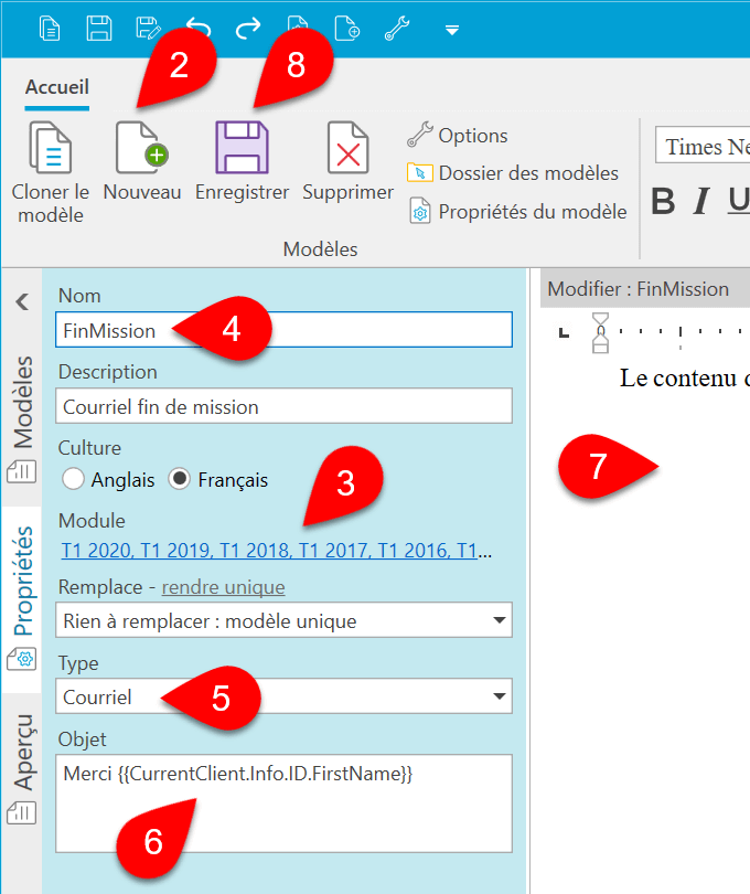 Capture d’écran : Nouveau modèle de courriel