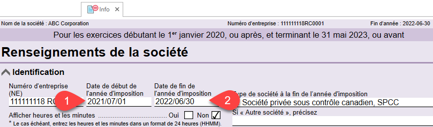 Capture d'écran : Saisir la date de début et de fin de l'année d'imposition sur la grille de calcul Info