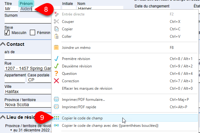 Capture d'écran : Copier le code de champ