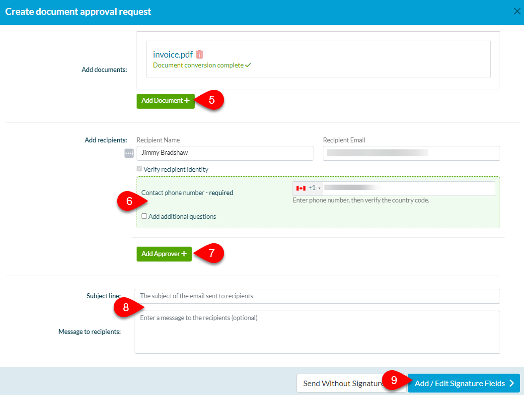 Screen Capture: Create document approval request window