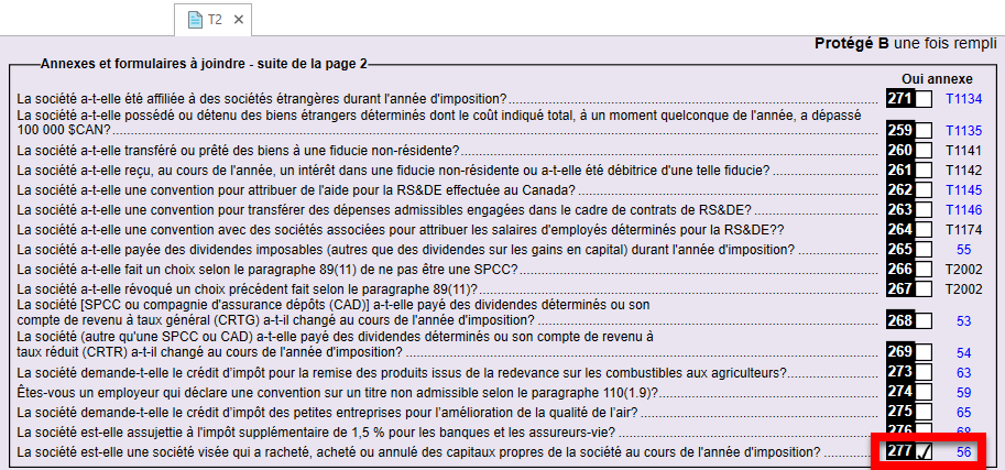 Capture d'écran : Nouvelle case à cocher sur la ligne 277 de la déclaration T2