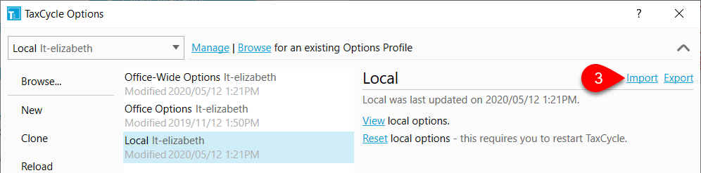 Screen Capture: Import Options Profile