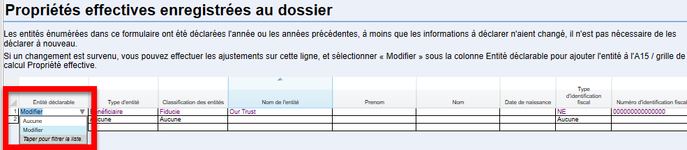 Capture d'écran : grille de calcul Propriétés effectives au dossier