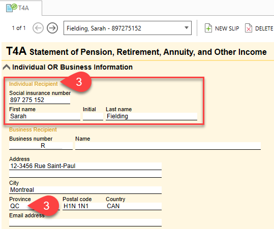 Enter recipient data on the T4A slip