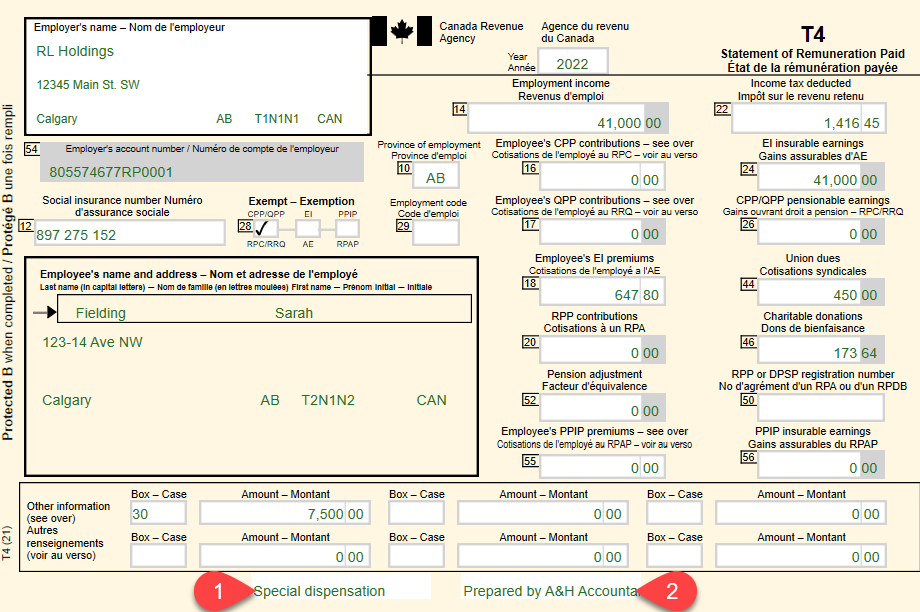 Screen Capture: Footnotes at the bottom of T4 Slips