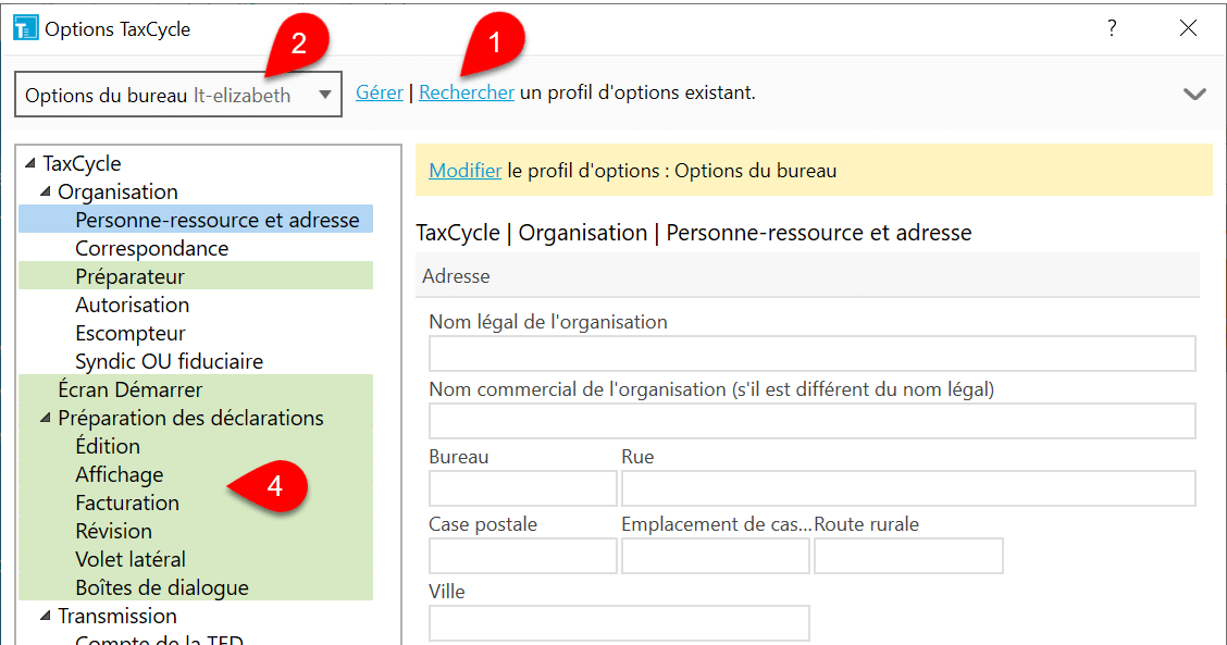 Capture d’écran : Naviguer pour charger un profil d'options