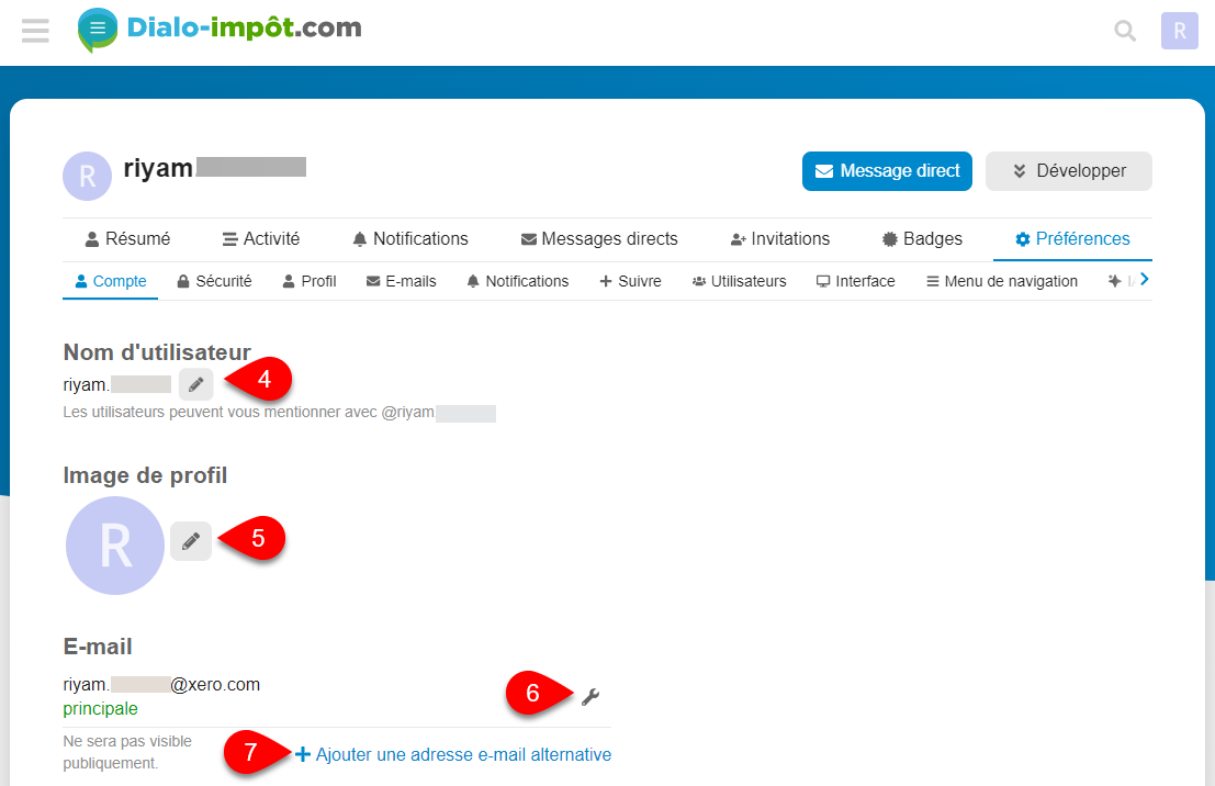 Capture d'écran : Modifier votre compte