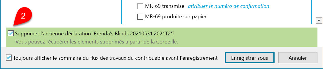 Capture d’écran : Supprimer l'ancienne déclaration T2