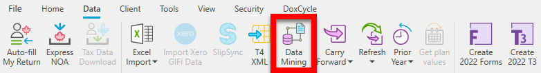 Screen Capture: Data Mining button in the Data menu