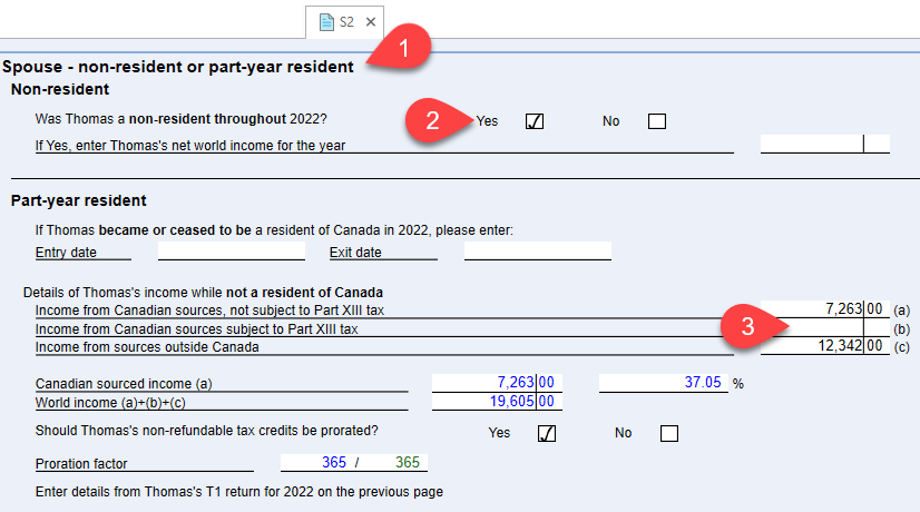 Screen Capture: Non-resident spouse on S2 worksheet