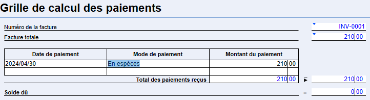 Capture d'écran : Grille de calcul des paiements