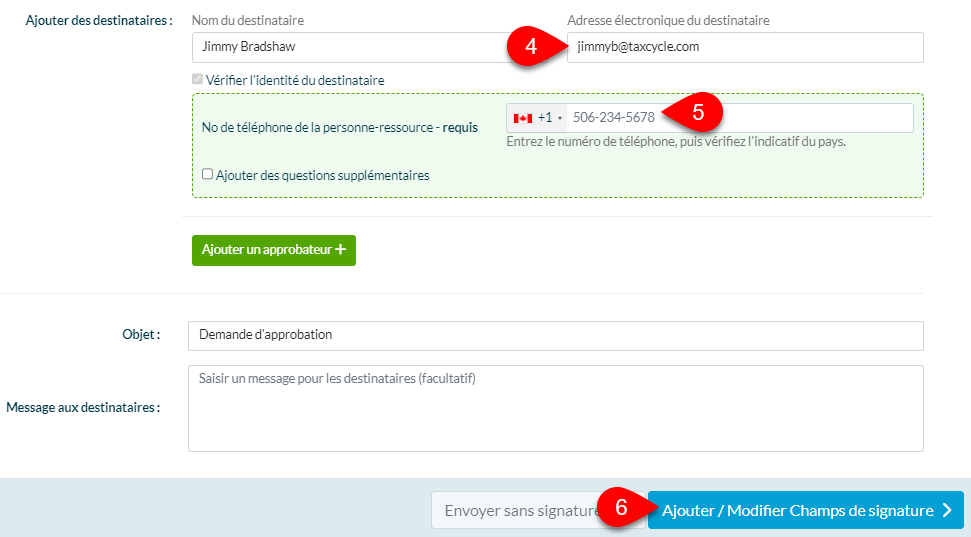 Capture d'écran : Changer le numéro de téléphone et l'adresse électronique du destinataire