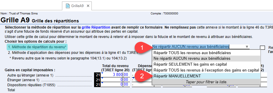 Capture d'écran : Sélectionner la méthode de répartition des revenus