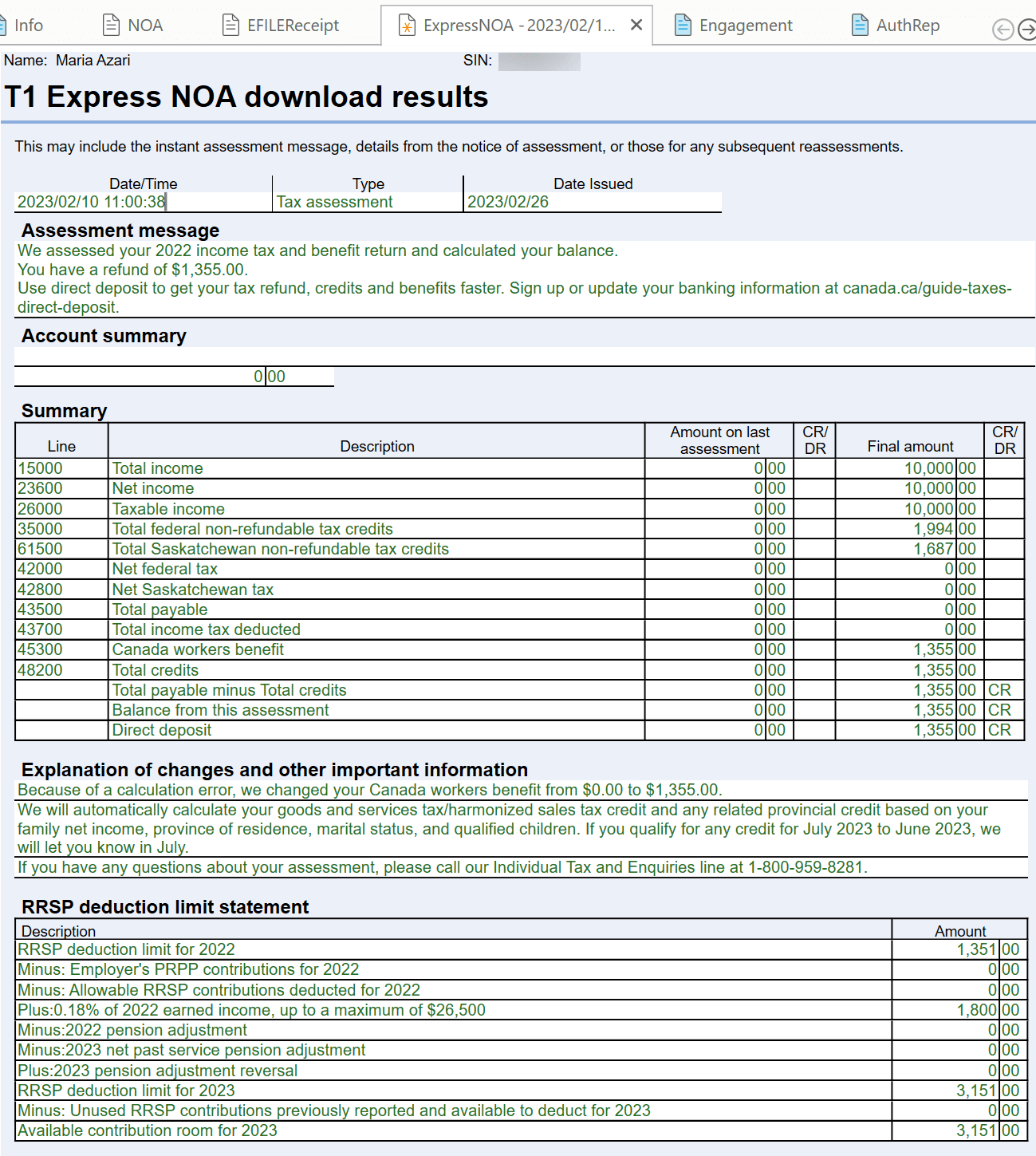 Screen Capture: ExpressNOA worksheet