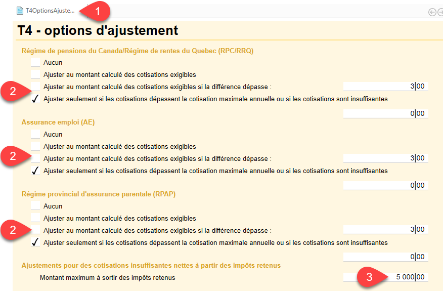 Choisir les seuils de rajustement T4 sur la grille de calcul T4OptionsAjustements