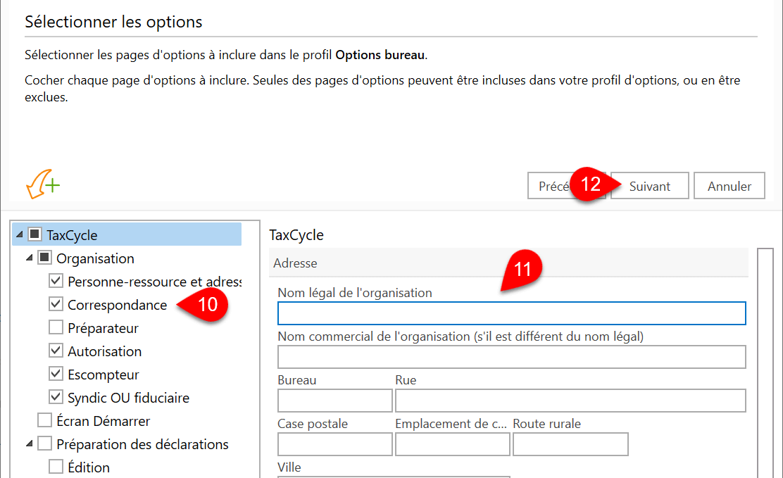 Capture d’écran : Sélectionner des pages pour un profil.