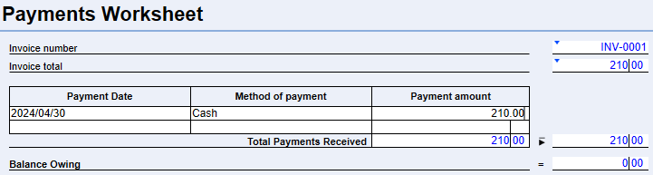 Screen Capture: Payments worksheet