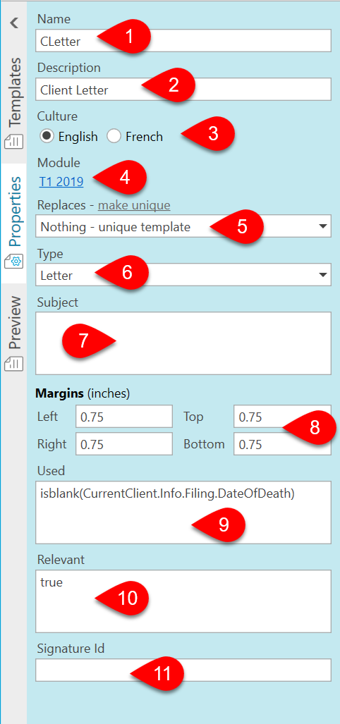 Screen Capture: Template Properties