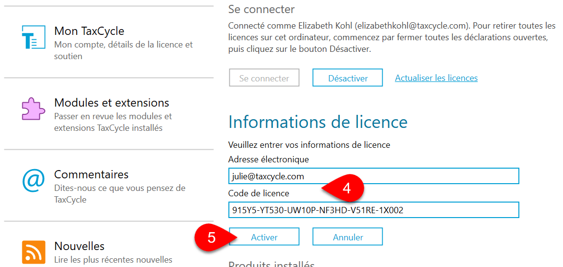 Capture d’écran : code de licence, écran aide