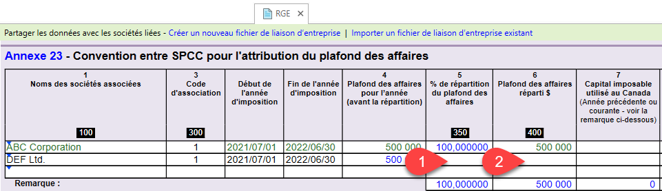 Capture d'écran : Limite de déduction accordée aux petites entreprises