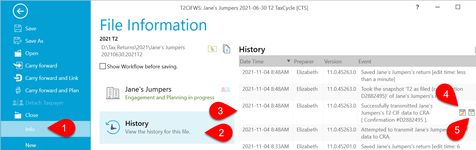 Screen Capture: File Information, History