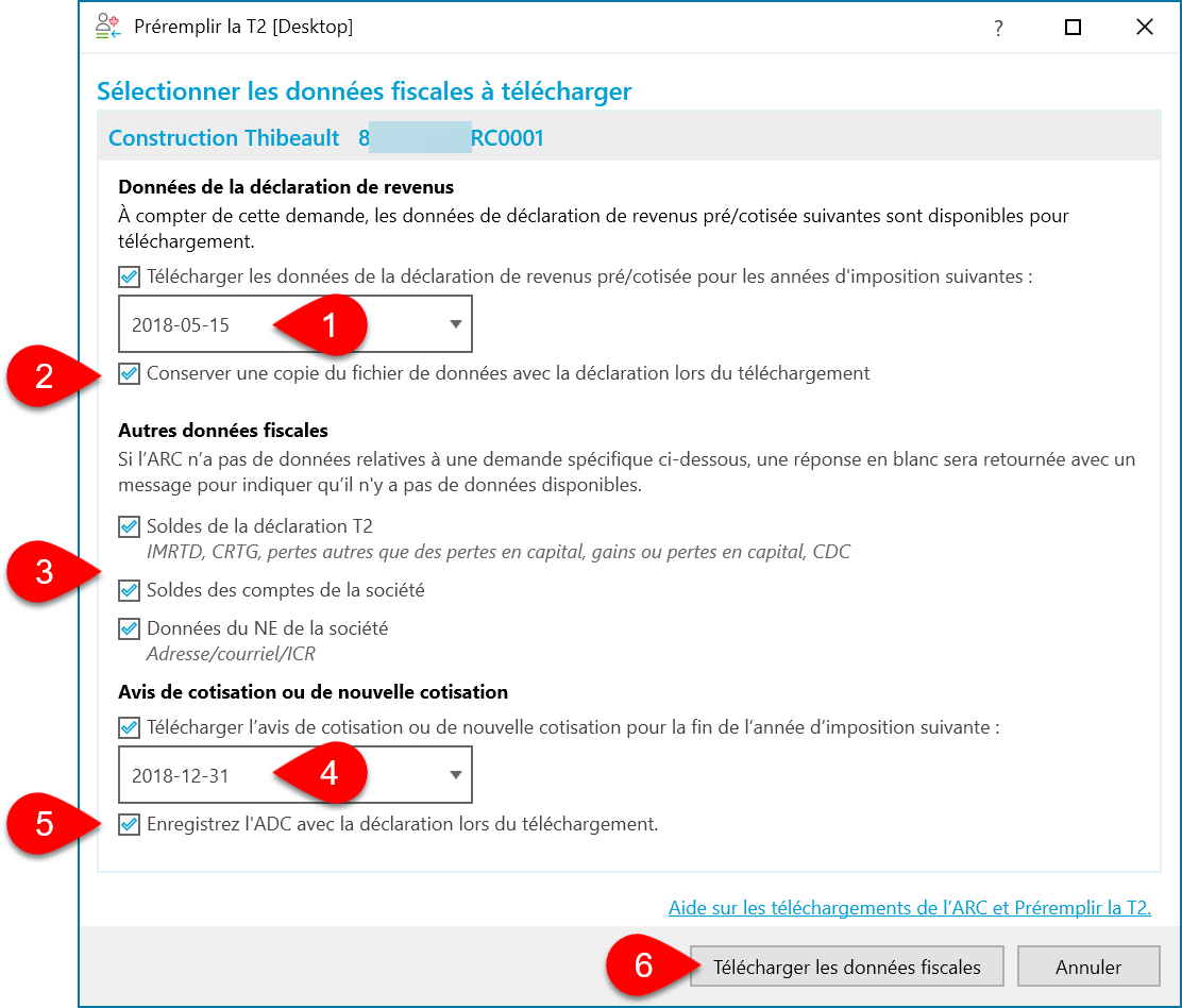 Capture d’écran : Sélectionner les données fiscales à télécharger