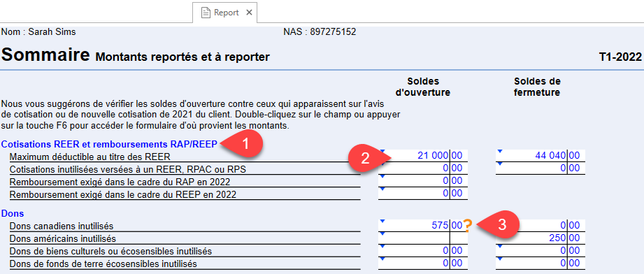 Capture d’écran : Sommaire des montants reportés