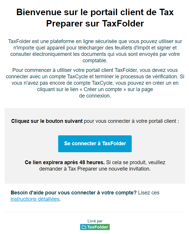 Capture d'écran : Ccourriel pour se connecter à TaxFolder