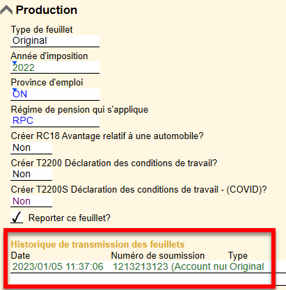 Capture d'écran : ‌Historique de la transmission des feuillets