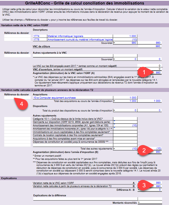 Capture d'écran : Exemple GrilleA8Rec dans TaxCycle T2