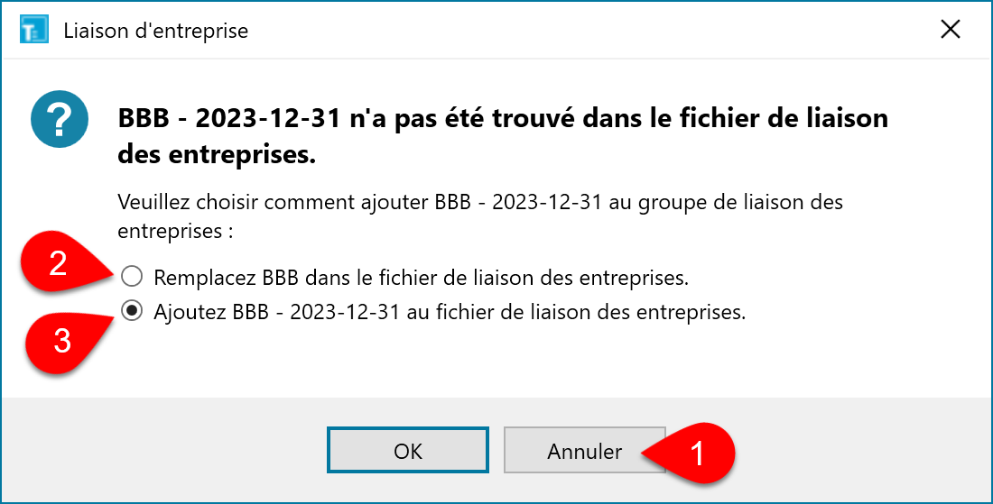 Capture d'écran : Boîte de dialogue société introuvable