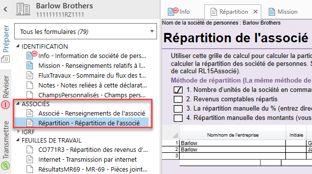 Capture d'écran : Grille de calcul Répartition de l'associé