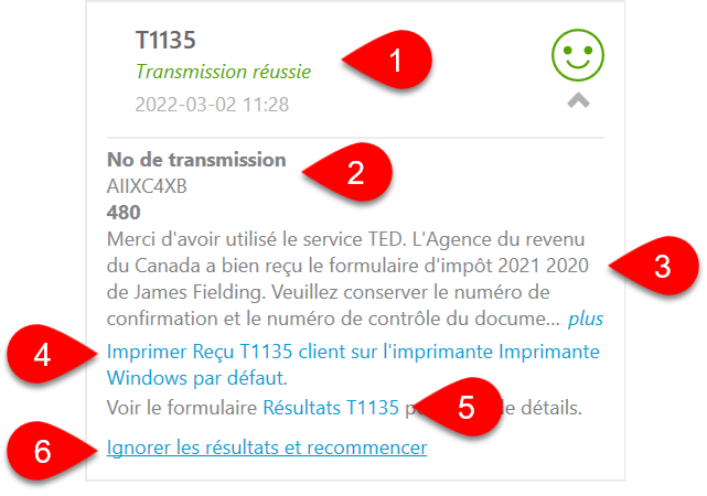 Capture d’écran : Transmission réussie d’une T1 par la TED