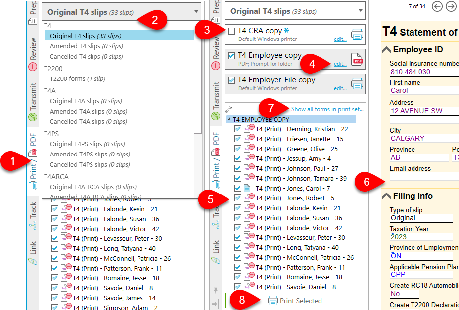 Screen Capture: Print open slips return in TaxCycle